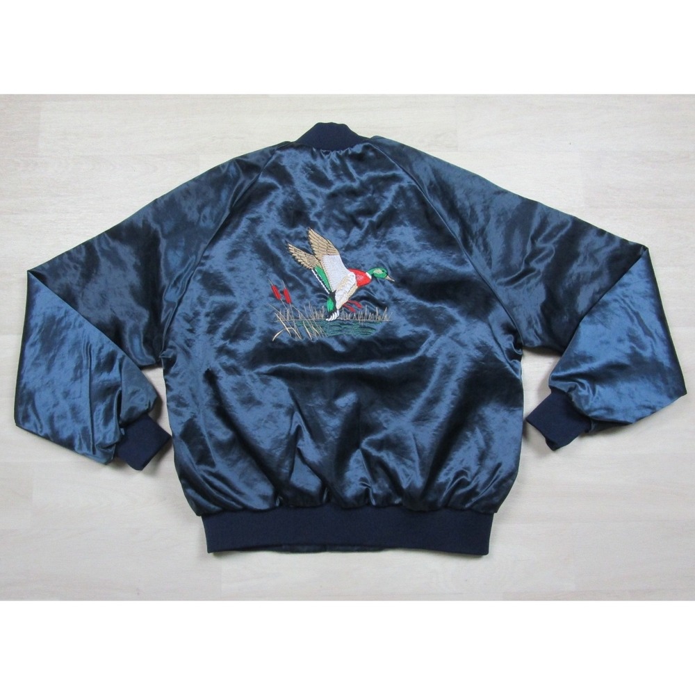Vintage 80s Satin Bomber Jacket Men's (L) Mallard Duck Auburn Sportswear Lined